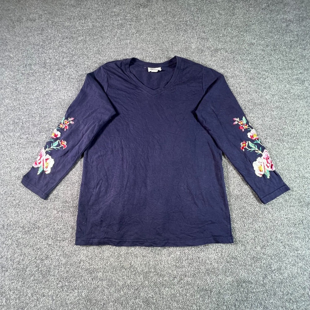 Metropolitan Top Womens Medium Navy Blue Floral Embroidered V-Neck Boho Blouse